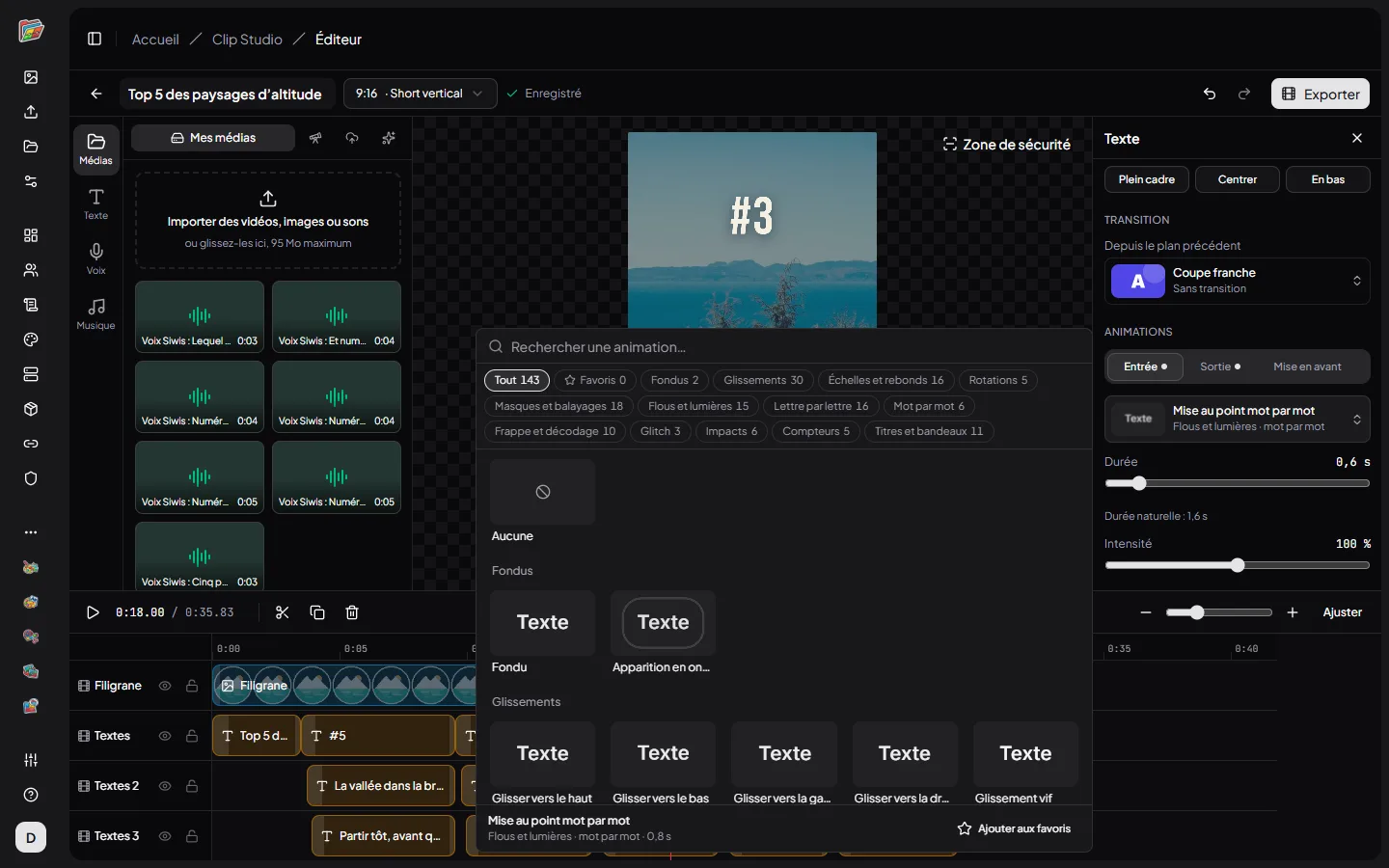 Le sélecteur d’animations de Clip Studio, rangé par catégorie
