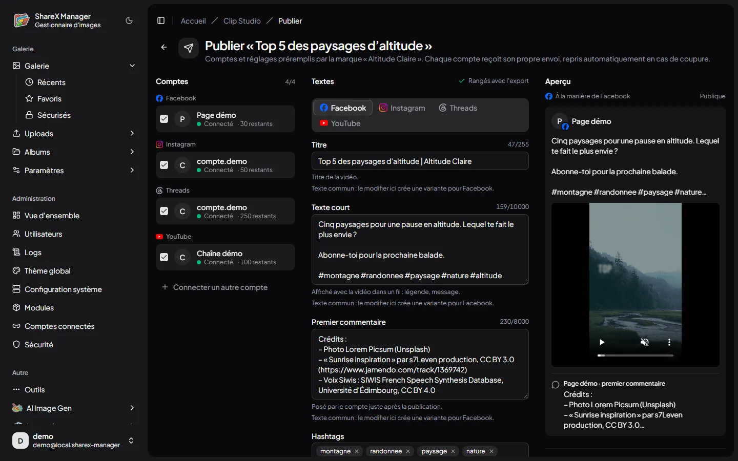 L’écran Publier de Clip Studio&nbsp;: comptes, textes par service et aperçu