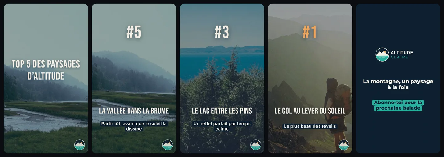 Cinq images d’un clip rendu avec une image de marque&nbsp;: titre, classement et carton de fin