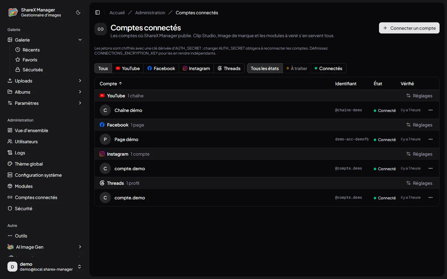 Page des comptes connectés