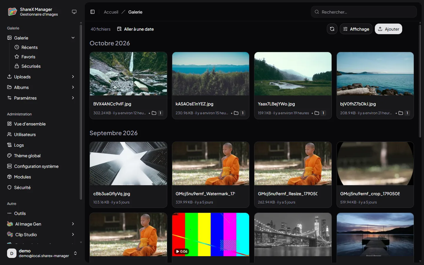 La galerie de ShareX Manager, images classées par mois